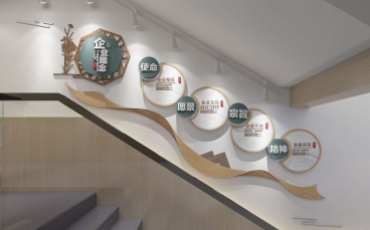现代原木轻绿楼梯文化墙